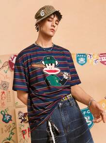 Paul Frank X SHEIN Men's Striped & Cartoon Graphic Round Neck Short Sleeve T-Shirt