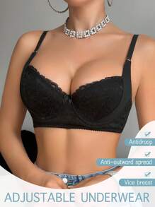 SHEIN Women's Sexy Lace Underwire Push-Up Bra - Black - View 6
