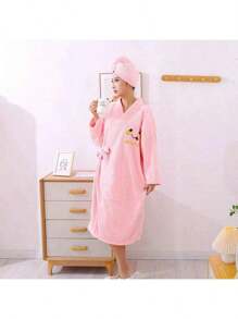 SHEIN Phụ nữ mặc áo choàng tắm có thể mặc váy tắm dài tay ren chéo bằng vải san hô dày kèm khăn tắm, phù hợp cho phòng tắm/phòng ngủ/phòng khách - Nhiều màu - Xem 10