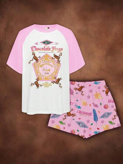 HARRY POTTER X SHEIN 大码女式夏季青蛙标语印花拼色插肩袖上衣和短裤睡衣套装巧克力青蛙睡衣女式睡衣短裤套装粉色睡衣套装女式