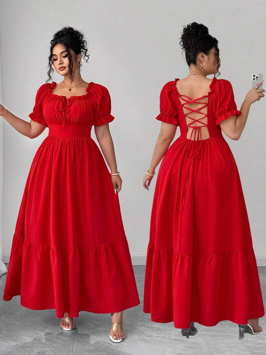 SHEIN Elenzya 优雅大码女式夏装，日常和度假装，露背系带，超大下摆收腰，迷人的 A 字形轮廓，方领 - 紅色 - 查看 1