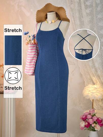 SHEIN MOD 大码女式夏季休闲牛仔吊带连衣裙、女式外出连衣裙、女式生日连衣裙、女式度假装、女式优雅连衣裙、乡村音乐会装、女式休闲连衣裙、夏威夷风女装、波西米亚风女装、女式早午餐装、复古风女装、优雅女装