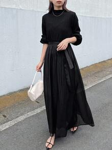 FRIFUL Women's Mock Neck Knit Patchwork Chiffon Loose High Waist Dress - Black - View 6