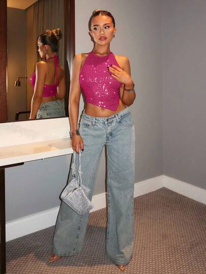 Glamine Charm Pink Sequin Asymmetric Camisole Sparkly Y2K Top Homecoming Sorority Rush Halloween Fall Autumn Party Night Out Going Out Elegant Glamorous Sparkly