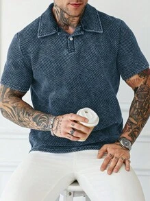 Manfinity Homme 男士水洗休闲纹理夏季短袖 Polo 衫 - 藍色 - 查看 5