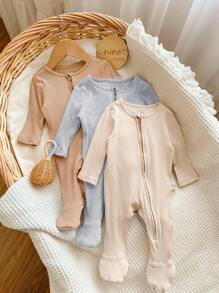 3 件套新生儿男宝宝简约舒适长袖前拉链柔软罗纹针织连体衣 - 彩色 - 查看 5