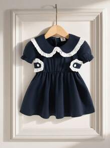 Souflis Souflis Baby Girl Elegant Academy Sweet Navy Blue & White Ruffle Peter Pan Collar Puff Sleeve Dress, Suitable For School, Everyday Wear, And Photos, Summer - Navy Blue - View 3
