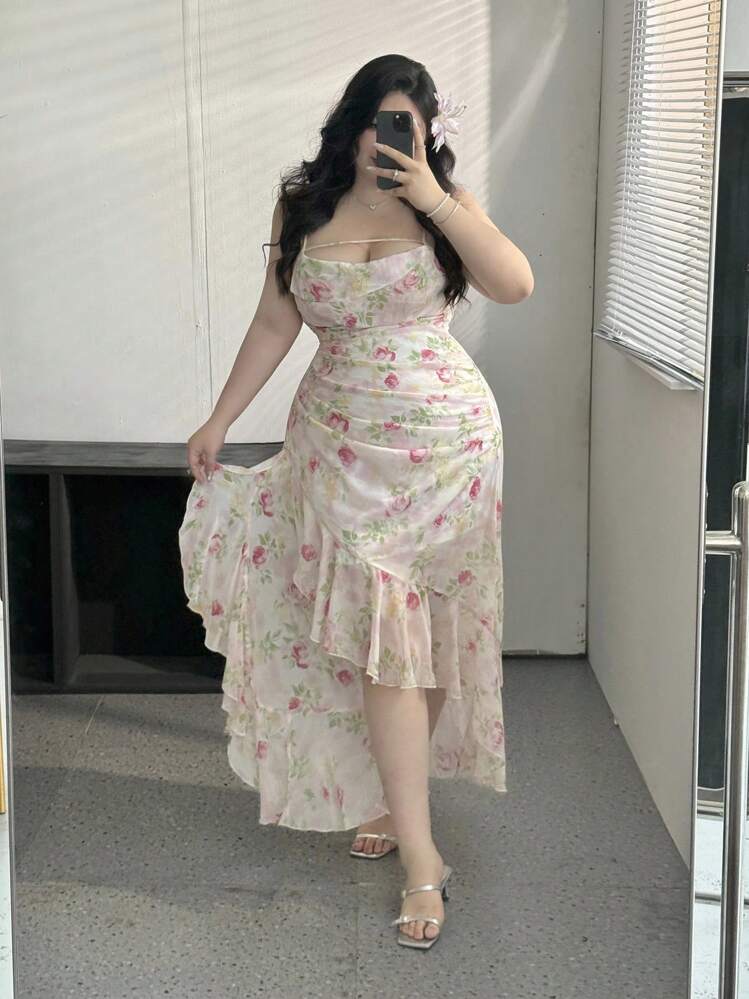 Flirla Plus Size Women Plunging Neck Floral Print Ruffle Hem Elegant Romantic Vacation Party Casual Maxi Dress - Multicolor - View 4