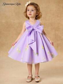 Glamorique Kids Purple Floral Summer Elegant Wedding Guest Girls Sleeveless Satin Princess Dress,Birthday Party Gown With Bow Decor & Embroidered Hem For Recital - Purple - View 3