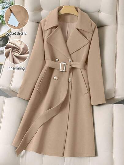 Franclia Women's Autumn Camel Double-Breasted Lapel Collar Trench Coat,Elegant Mid-Length Waist-Cinching Coat With Pockets And Lining,Office Casual Outerwear