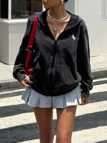 Muchica 女士休闲黑色连帽拉链运动衫 - 黑色 - 查看 2