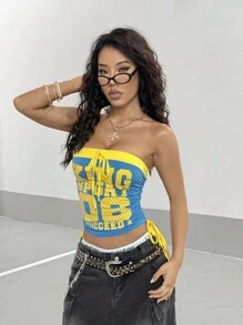 StreetHx Áo crop top dây rút in chữ màu tương phản thời trang dạo phố mùa hè dành cho nữ - Màu xanh lam - Xem 5