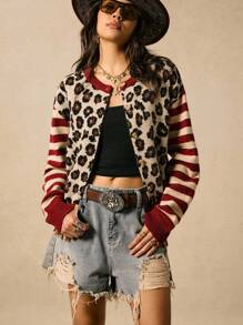 Easelle Round Neck Drop Shoulder Patterned Cardigan In Knitwear With Wrist-Length Sleeves And Bold Style Leopard Print Cardigan Women Crop Cardigan Women Striped Cardigan Women Animal Print Cardigan Women Cropped Cardigan Sweater,Fall Clothes For Women - Multicolor - View 7