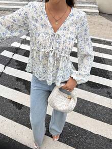 Serisse 休闲宽松碎花长袖系带衬衫，适合女性日常穿着，秋季百搭，适合返校、外出、办公等场合，蓝色碎花衬衫，波西米亚风衬衫，适合冬季、春季、度假度假 - 藍色 - 查看 3