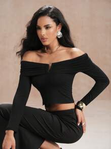 SHEIN Unity Blusa de mujer de manga larga con hombros descubiertos, de unicolor, ajustada y corta con estilo de moda - Negro - Ver 5
