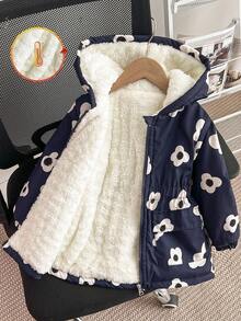 Elladie kids 女童冬季新款拉链连帽羽绒服，时尚加厚印花腰袋可爱甜美羽绒服，儿童冬季外套，女童冬季外套，儿童印花外套，女童印花外套，儿童保暖内衬外套 - 黑與白 - 查看 4