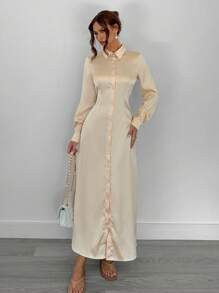 Siren Gaze 优雅通勤纯色前扣长裙 - 黃色 - 查看 6