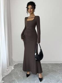 Elenzga Vestido elegante y romántico con cuello cuadrado y volantes en el bajo para vacaciones y uso diario para mujeres - Café - Ver 6