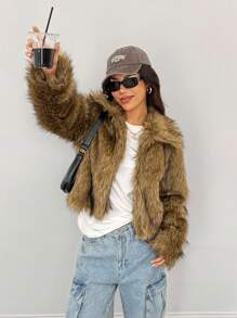 SHEIN PETITE Short Solid Color Fluffy Patchwork Fluffy Coat Y2k Fur Jacket In Fall/Winter ,Petite Women - Camel - View 9