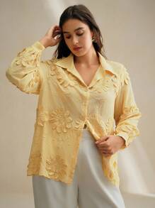 Anewsta Autumn/Winter Fashion Loose Embroidered Floral Plus Size Women Long Sleeve Shirt - Yellow - View 4