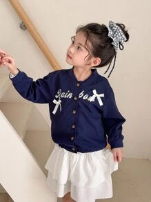 SHEIN 年轻女孩休闲字母蝴蝶结图案前拉链棒球夹克 - 藍白色 - 查看 7