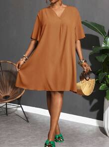 Slaydiva 新款优雅休闲/商务休闲女式短袖雪纺V领宽松荷叶袖连衣裙，秋季女装 - 棕色 - 查看 10