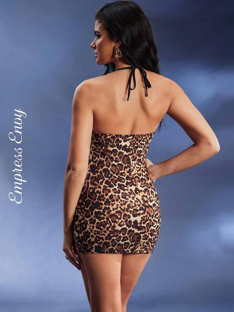 Camisón sexy sin espalda con estampado de leopardo para mujer, para salir - Negro - Añade 3