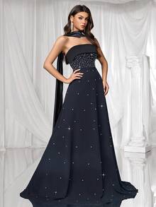 Coutiva 女式水钻装饰露肩正式晚礼服，束腰，优雅 - 黑色 - 查看 5