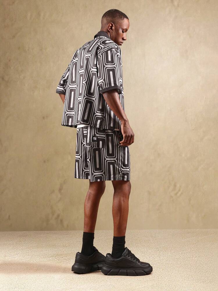 Geometric Pattern Button Down Shirt With Matching Shorts