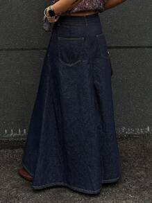 Livesso 女士纯色简约休闲牛仔半身裙 - 藍色 - 查看 3