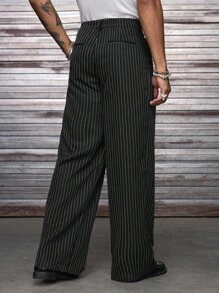 AXEPEAK 大码男士休闲日常通勤条纹侧袋阔腿裤 - 黑色 - 查看 2