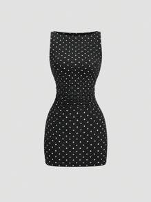 Sweetra Váy ngắn thanh lịch không tay nhún eo chấm bi cho nữ, mùa xuân/hè - màu đen - Xem 4