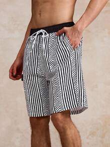 Surfspeed Men's Striped Drawstring Waist Cargo Pocket Beach Shorts - Black and White - View 7