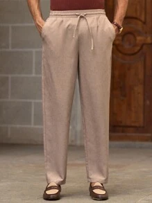 Manfinity VCAY 男士亚麻混纺休闲裤，褶皱设计，简约舒适，夏季男士亚麻裤，男士米色裤子，男士抽绳裤，男士亚麻长裤，男士休闲亚麻裤，秋季 - 棕色 - 查看 3