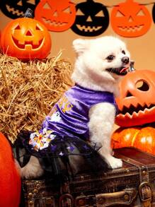 PETSIN 1pc Pet Halloween Purple Sleeveless Velvet Star Foil Print Mesh Tutu Dress With Cute Letter Print For Cats & Dogs - Multicolor - View 7