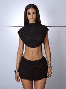 MUSERA High Neck Draped Ruche Chain Side Detail Mesh Crop Top Only Day Vacation Club Ibiza Festival Rave Occasion Y2K Sexy Going Out Birthday Night Out Fall Streetwear Grunge Club . Costumes Costume For Women Clothes Costumes For Women Clothes For Women Shirt Women's Costume Costume Women. Spring Summer - Black - View 2