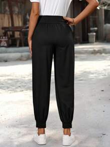 EMERY ROSE 女式纯色褶皱口袋抽绳宽松休闲裤女式哈伦裤女式宽松裤松紧腰裤女式休闲裤女式夏季裤子女式夏季裤子女式裤子休闲哈伦裤女式运动裤女式运动裤女式黑色裤子宽松裤秋季女装返校服 - 黑色 - 查看 2