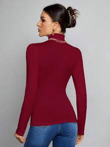 SHEIN Tall Simple Solid Color Slim High Collar White Top Suitable For Autumn And Winter,Red Top - Burgundy - View 2