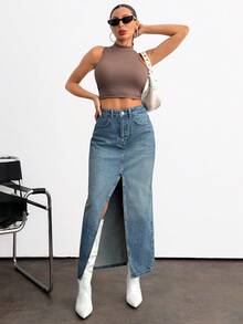 EURMUSE Women's High Waist Pocketed Slit Hem Long Denim Skirt Jean Skirt With Slit Jean Skirt Y2k Long Jean Skirt Split Denim Skirt - Medium Wash - View 7