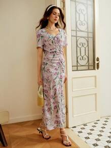 Omancia 秋季女式印花褶皱修身优雅浪漫连衣裙，适合休闲、度假、返校、感恩节、春夏季 - 彩色 - 查看 1