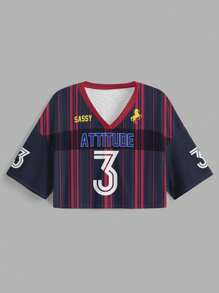 Slaydiva 女士休闲 V 领宽松 3/4 袖网眼 T 恤，条纹数字，适合夏季，适合运动游戏