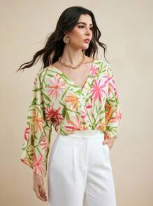 Miriam Omar Multi Floral Printed V Neck Tie Back Flared Sleeves Summer Bodysuit Women Casual Vacation - Multicolor - View 2