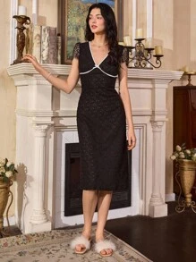 Côtesoire 优雅法式浪漫提花蕾丝女士睡袍 - 黑色 - 查看 7