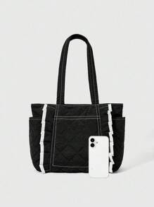 ROMWE Kawaii 女士时尚百搭荷叶边托特包 - 黑色 - 查看 4