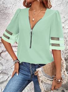 Breezaya Women Casual Vacation Mesh Patchwork Puff Sleeve Blouse - Green - View 3