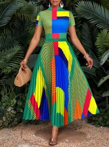 SHEIN Lady 夏季时尚彩色印花立领上衣和百褶裙套装 - 綠色 - 查看 1