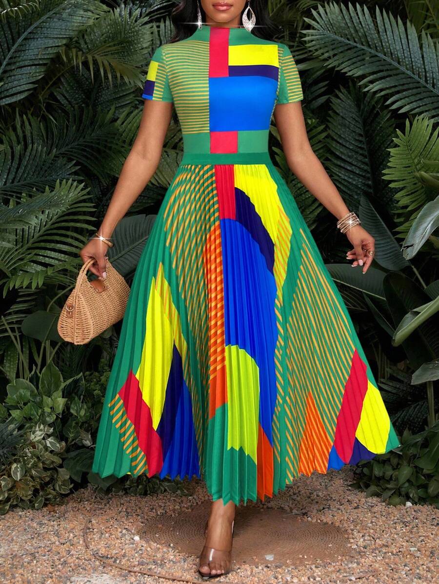 SHEIN Lady 夏季时尚彩色印花立领上衣和百褶裙套装 - 綠色 - 查看 1