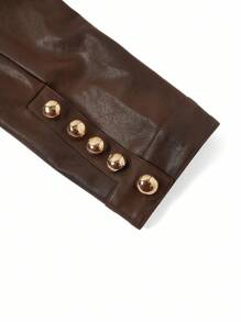 Ellevyn 时尚优雅复古装饰纽扣PU夹克秋季女装秋季女装棕色皮夹克女士秋季服装商务休闲女士棕色夹克 - 咖啡棕 - 查看 4