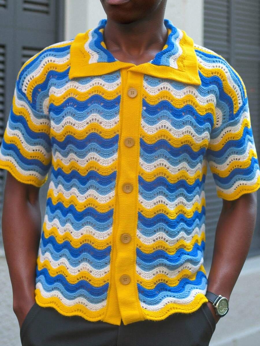 Manfinity Homme Men's Wave Striped Short Sleeve Single-Breasted Casual Knit Top - Mustard Yellow - View 1