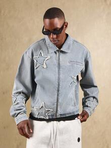 SUMWON Áo khoác denim đính hình ngôi sao rách rưới phong cách đường phố Grunge Áo khoác ngoài thường ngày có khóa kéo phía trước, viền thô, họa tiết ngôi sao, thiết kế hiện đại, tuyên bố thời trang - Màu xanh lam - Xem 5